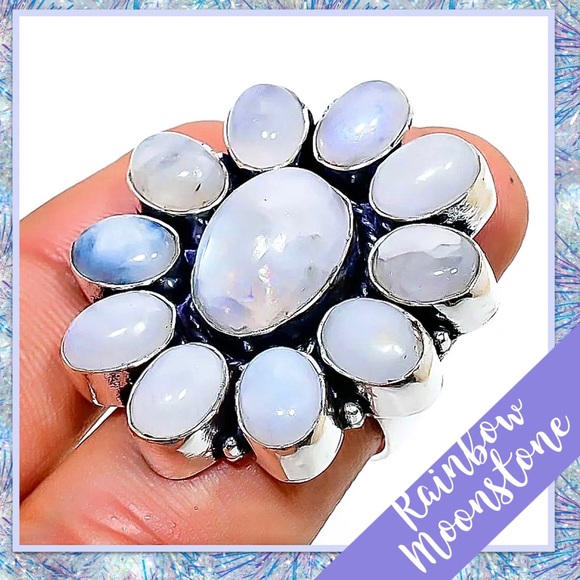 Rainbow Moonstone Floral Silver Ring, Size 6.5 (Pearly White w/ Lilac, Purple) - Picture 2 of 2